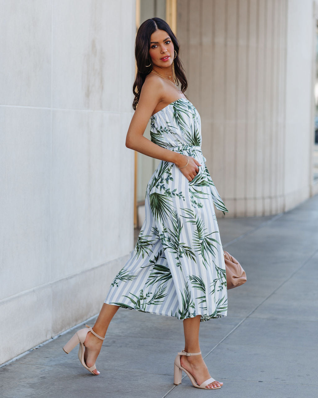 Fangirl Strapless Pocketed Palm Print Jumpsuit