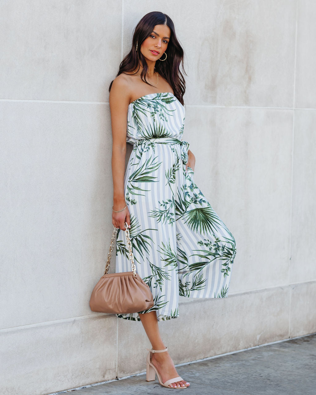 Fangirl Strapless Pocketed Palm Print Jumpsuit