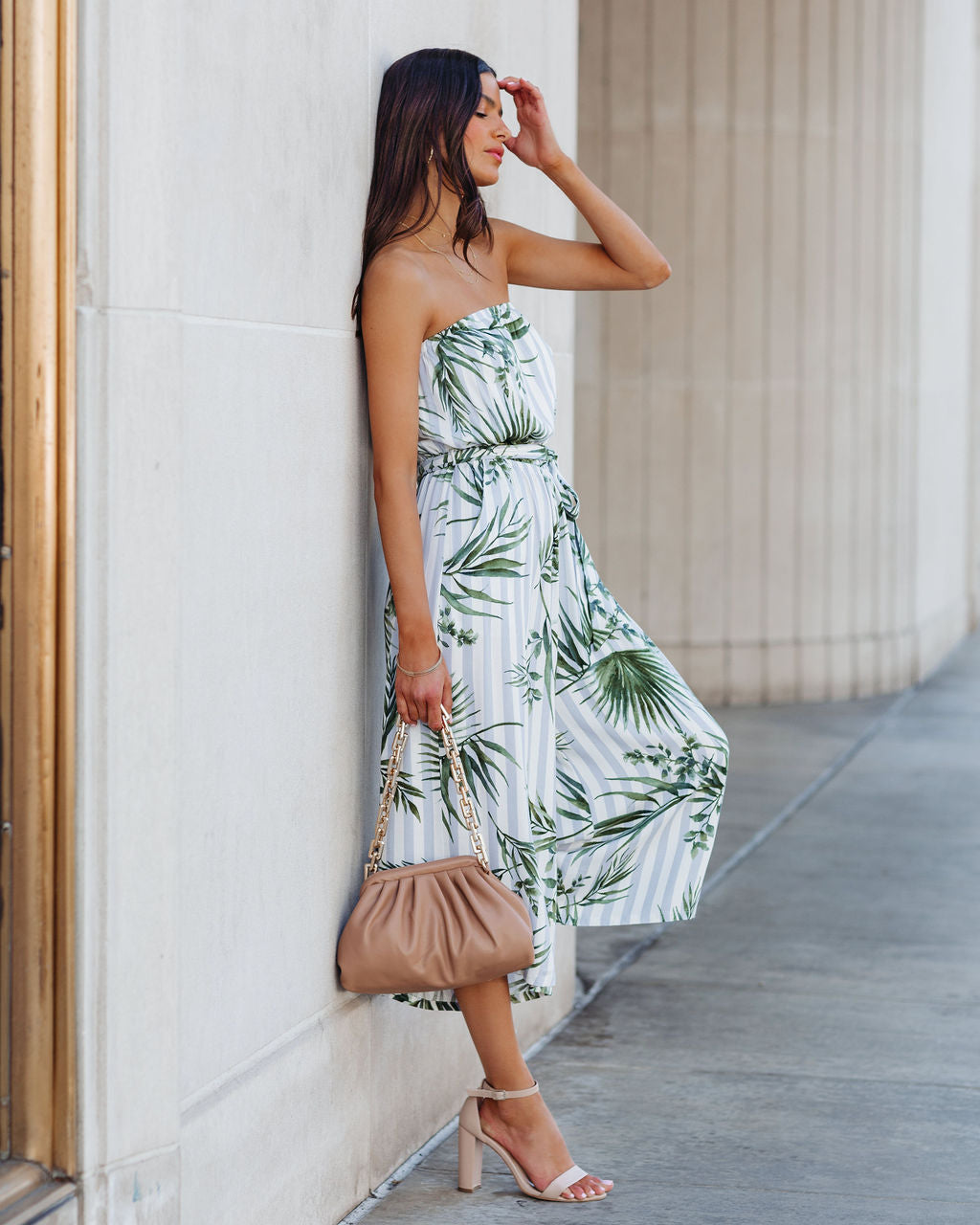 Fangirl Strapless Pocketed Palm Print Jumpsuit