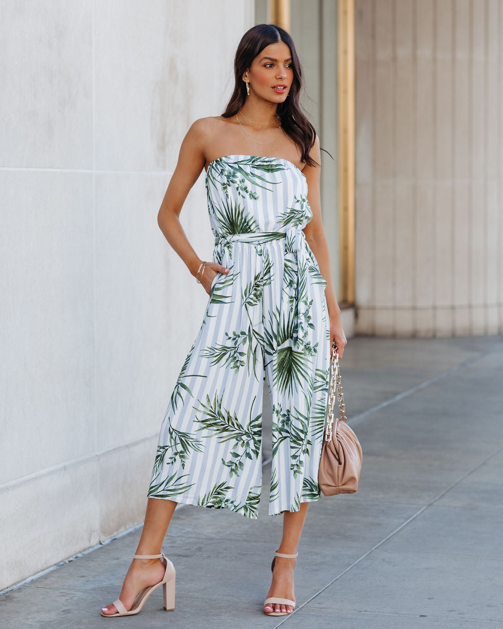 Fangirl Strapless Pocketed Palm Print Jumpsuit