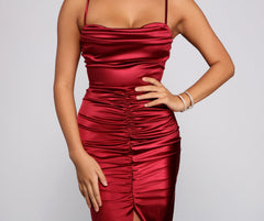 Festive Mood Satin Ruched Midi Dress