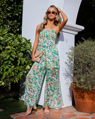 Fiore Floral Smocked Pocketed Slit Jumpsuit