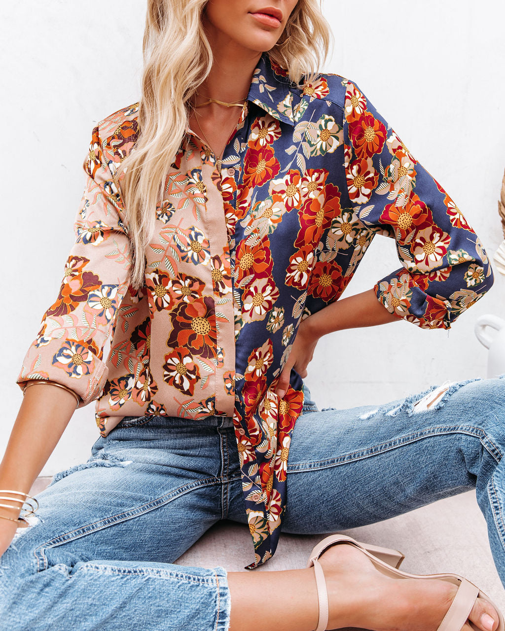 Floral Insight Two-Tone Satin Button Down Blouse