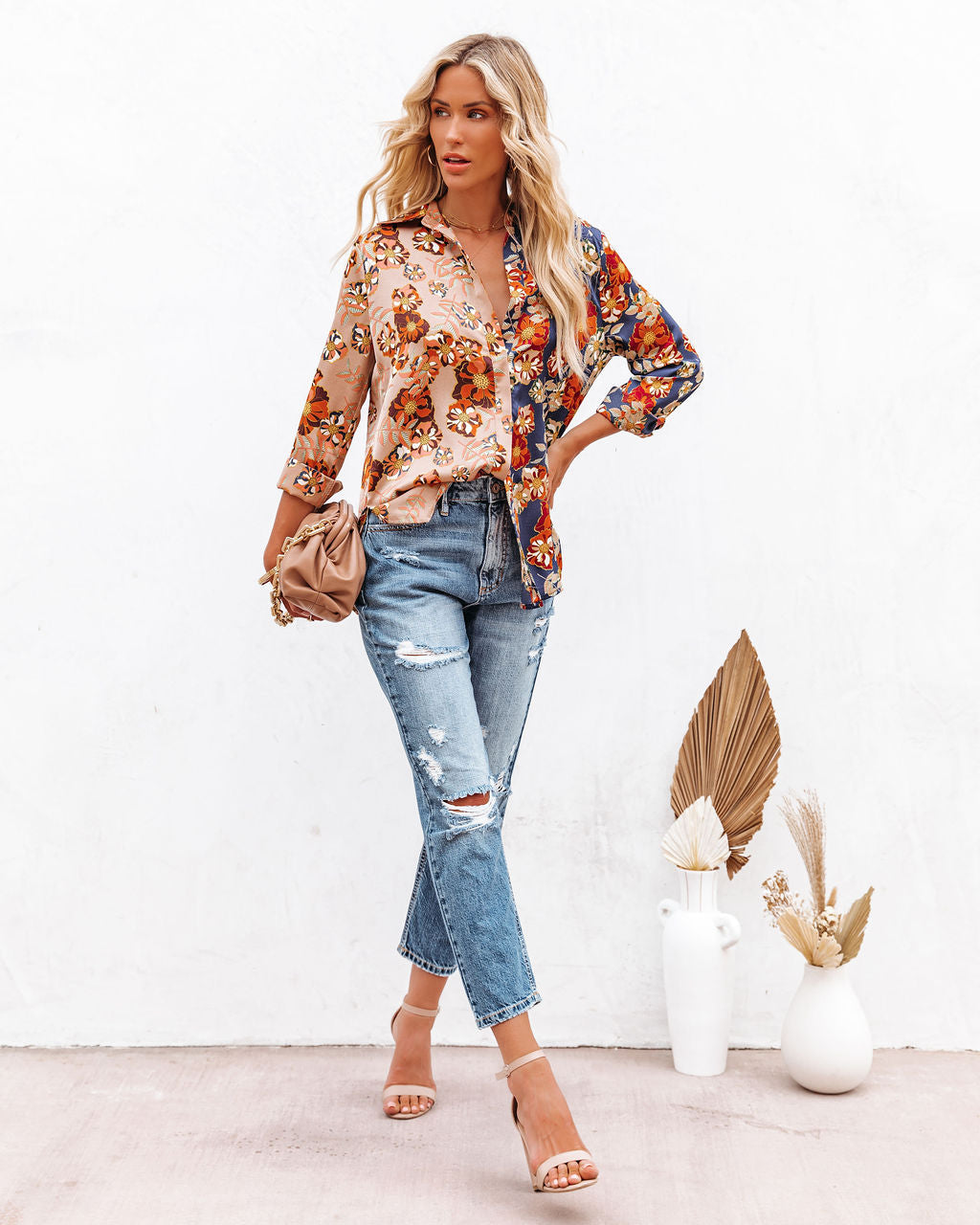 Floral Insight Two-Tone Satin Button Down Blouse