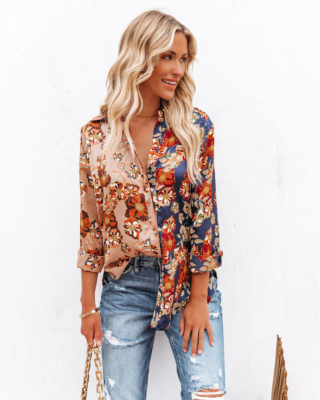 Floral Insight Two-Tone Satin Button Down Blouse