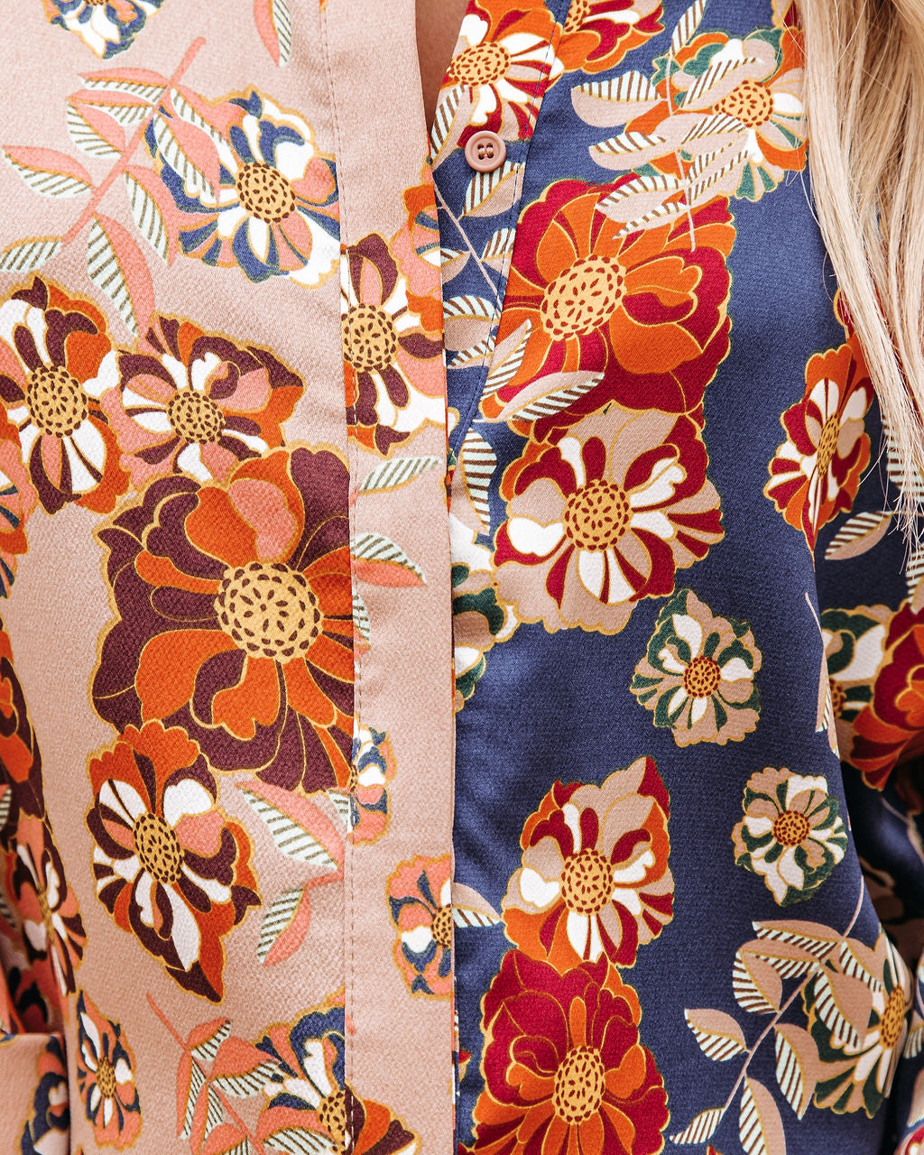 Floral Insight Two-Tone Satin Button Down Blouse