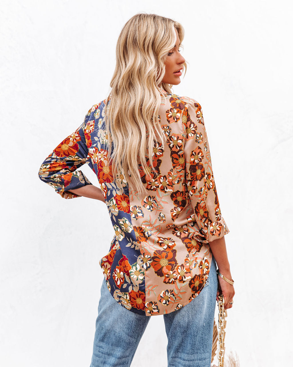 Floral Insight Two-Tone Satin Button Down Blouse