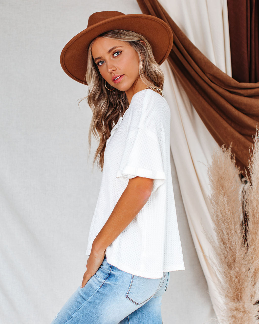 Forrest Thermal Knit Henley Top - Off White