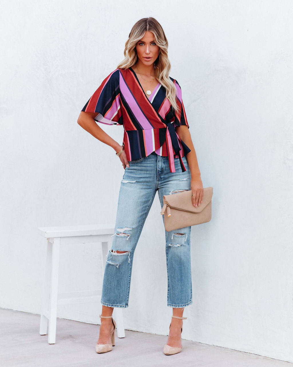 Franny Striped Peplum Wrap Blouse