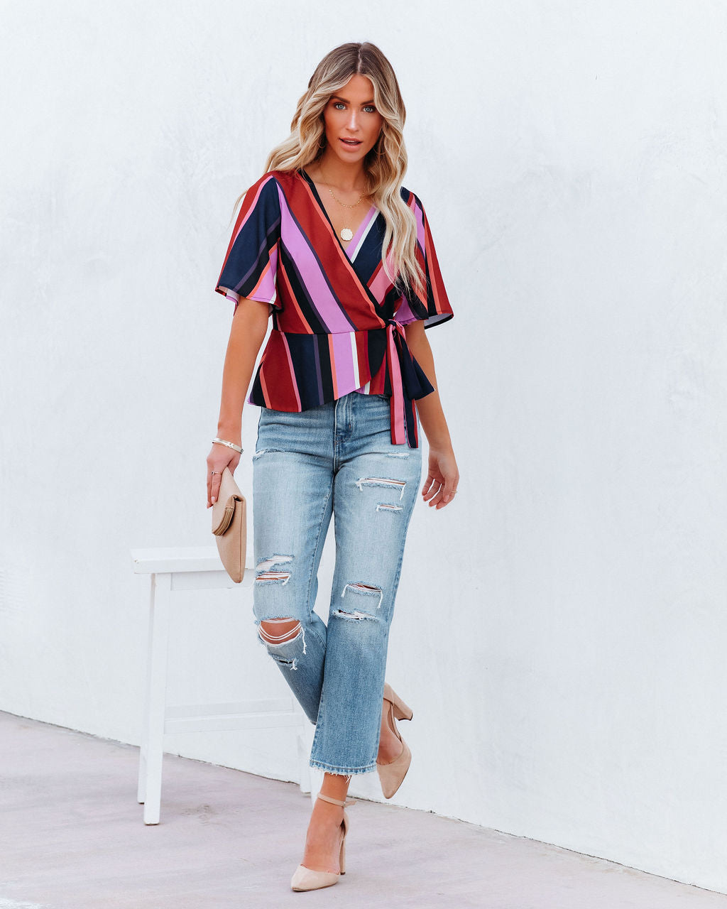 Franny Striped Peplum Wrap Blouse