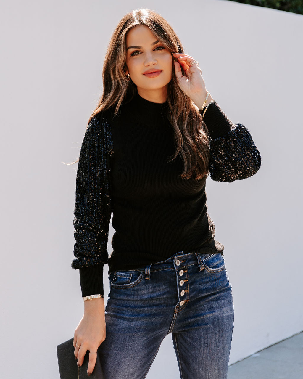 From A Dream Sequin Mock Neck Knit Top - Black