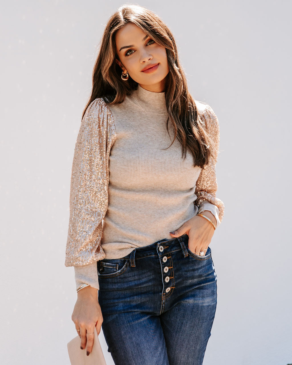 From A Dream Sequin Mock Neck Knit Top - Oatmeal