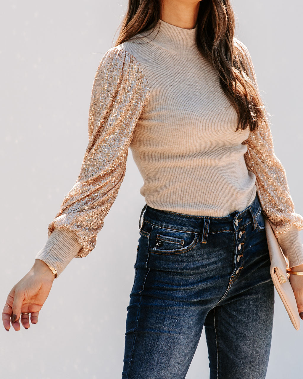 From A Dream Sequin Mock Neck Knit Top - Oatmeal