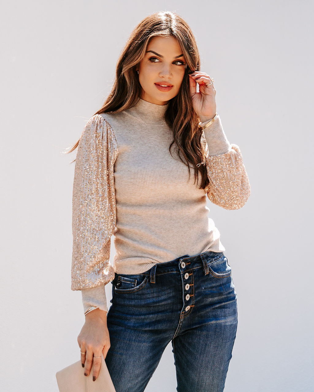 From A Dream Sequin Mock Neck Knit Top - Oatmeal