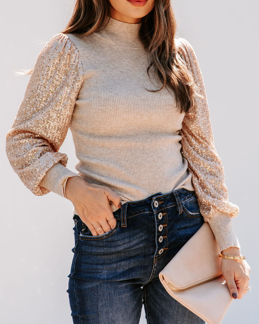 From A Dream Sequin Mock Neck Knit Top - Oatmeal