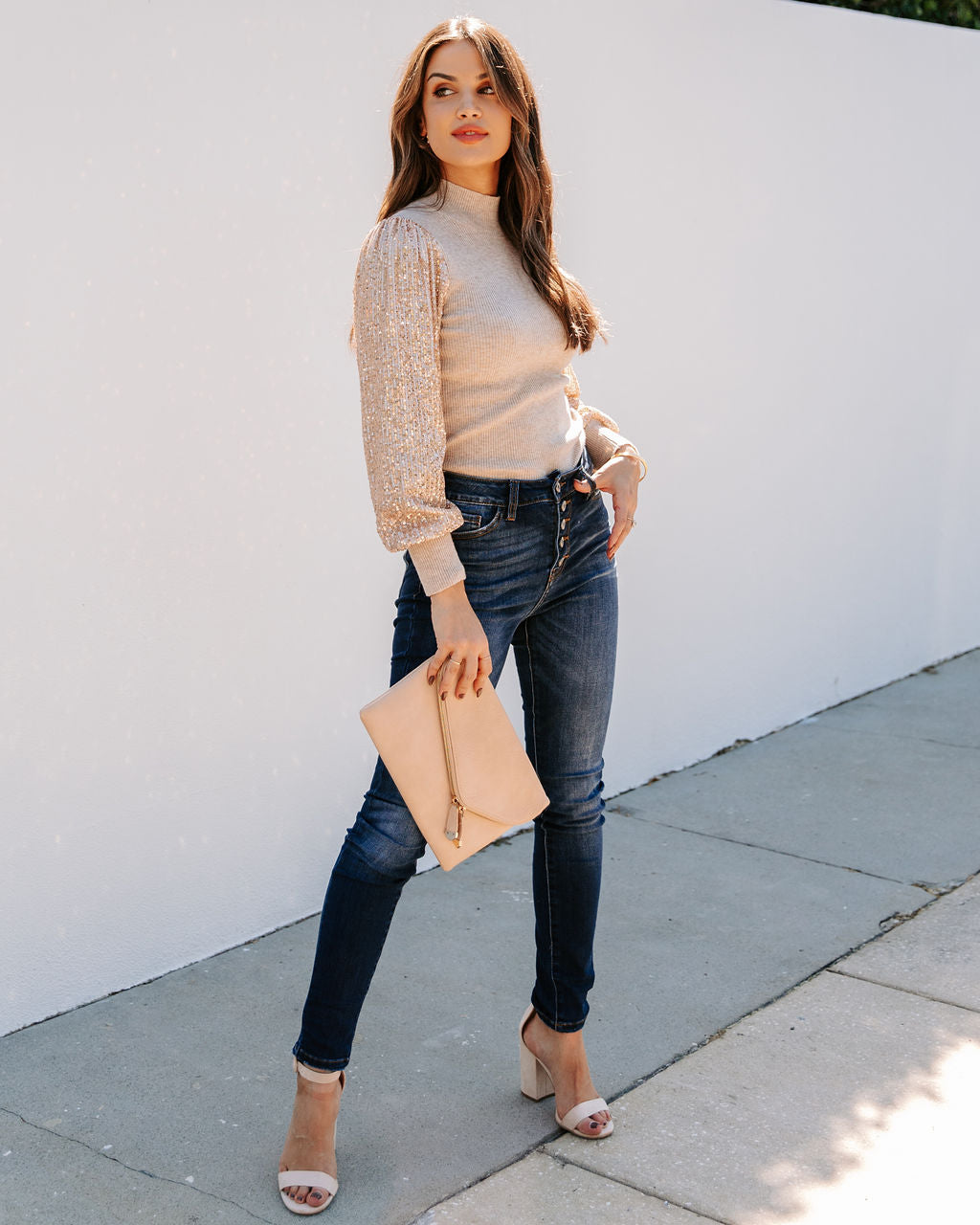 From A Dream Sequin Mock Neck Knit Top - Oatmeal