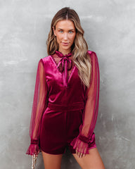 Front Row Velvet Mesh Neck Tie Romper - Burgundy