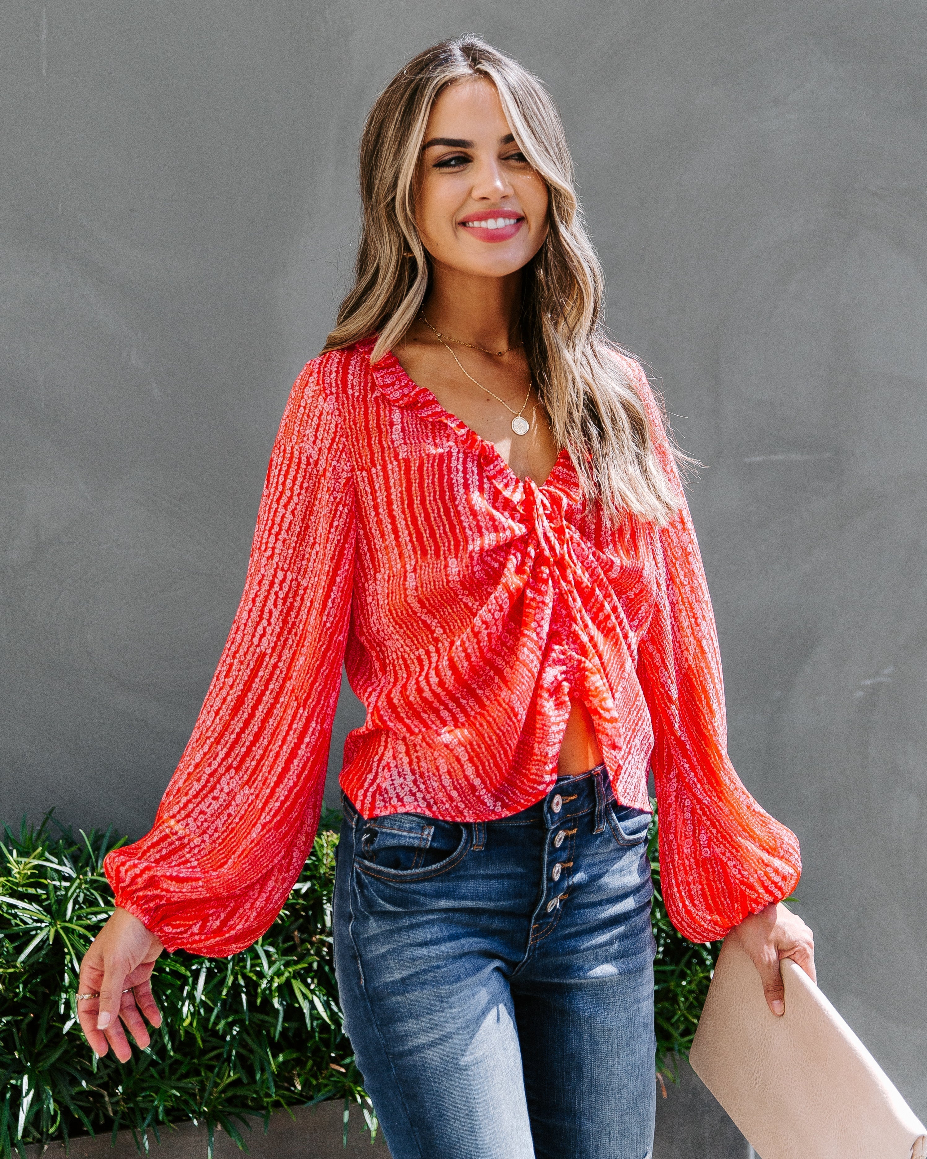 Fruitful Floral Shimmer Ruffle Blouse