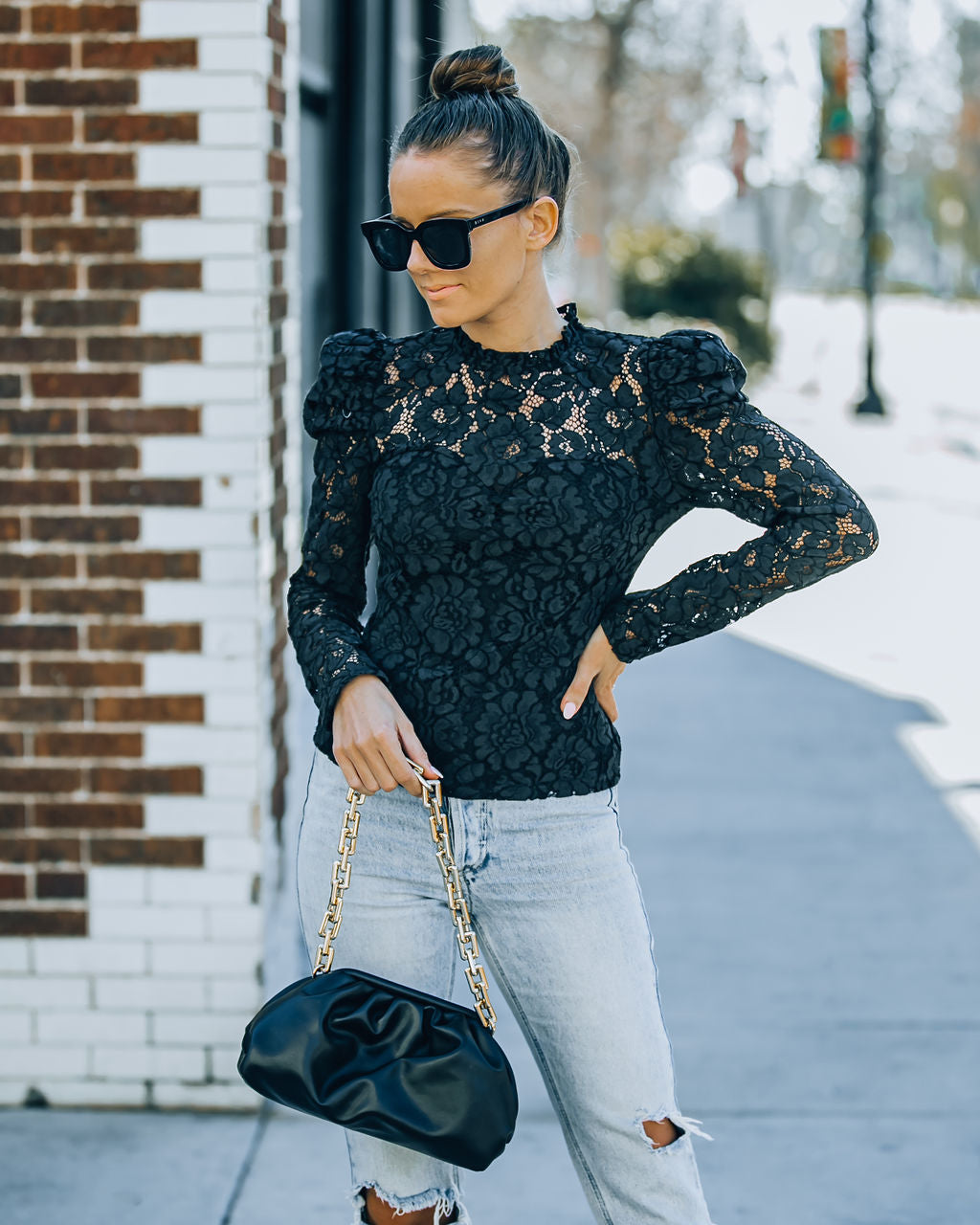 Fulfilled Heart Statement Sleeve Lace Blouse - Black