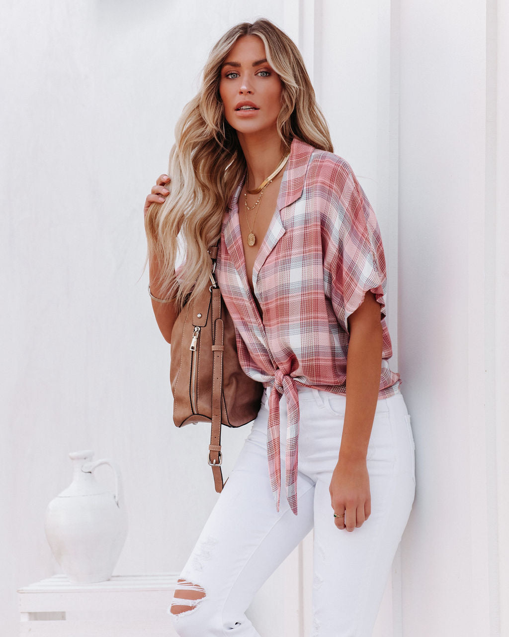 Gaia Plaid Button Down Tie Top - Blush