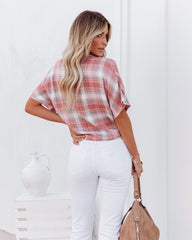 Gaia Plaid Button Down Tie Top - Blush