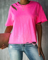 Game On Cotton Distressed Tee - Neon Pink