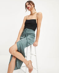 Garcelle Ruched Embossed Satin Maxi Skirt - Dark Sage