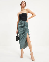 Garcelle Ruched Embossed Satin Maxi Skirt - Dark Sage