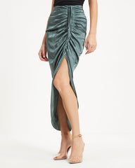 Garcelle Ruched Embossed Satin Maxi Skirt - Dark Sage