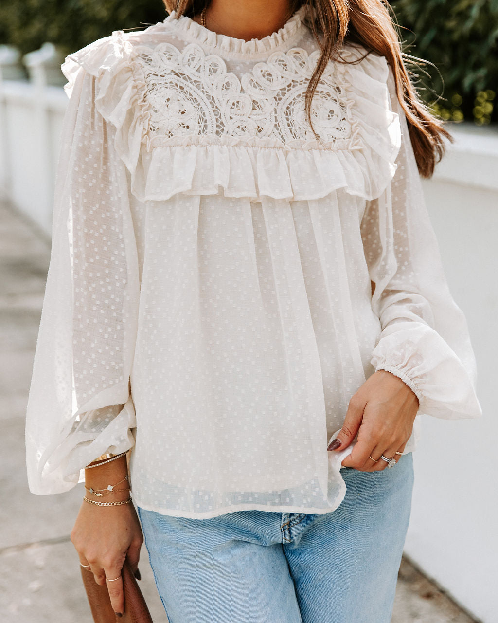 Giani Textured Crochet Ruffle Blouse