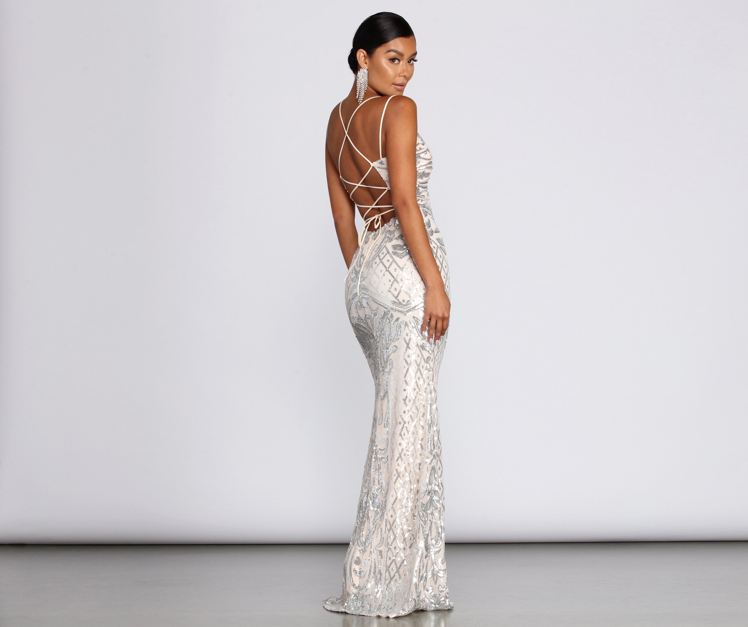 Ginger Sequin Mesh Strappy Gown