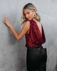 Glitz And Glam Drape Sequin Bodysuit - Burgundy