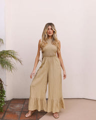 Golden Coast Dreams Smocked Pocketed Jumpsuit - Latte