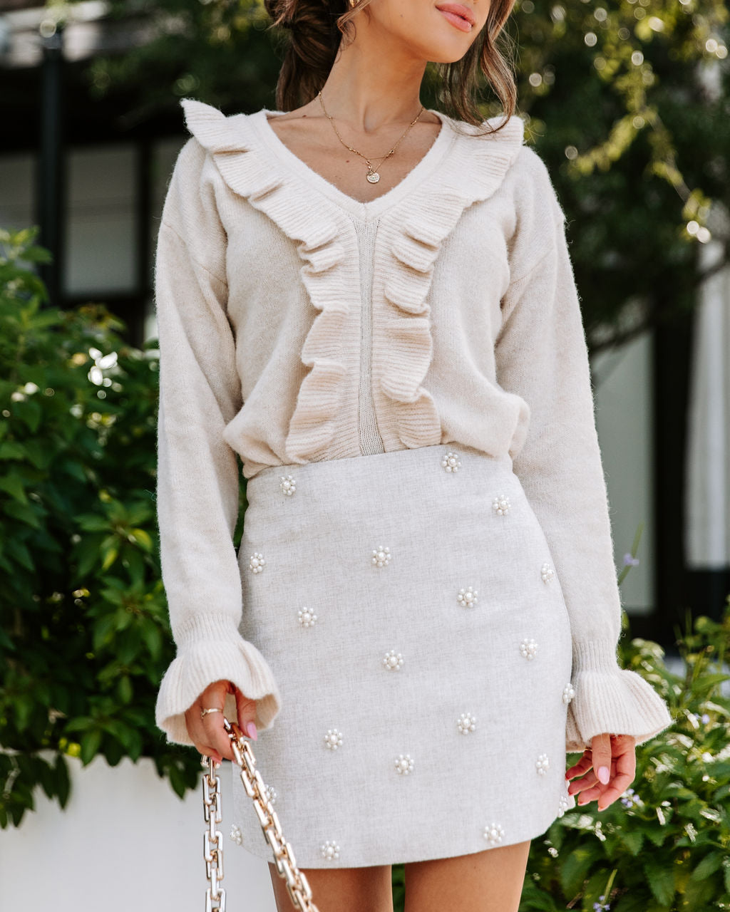 Graceful And Delicate Pearl Embellished Mini Skirt