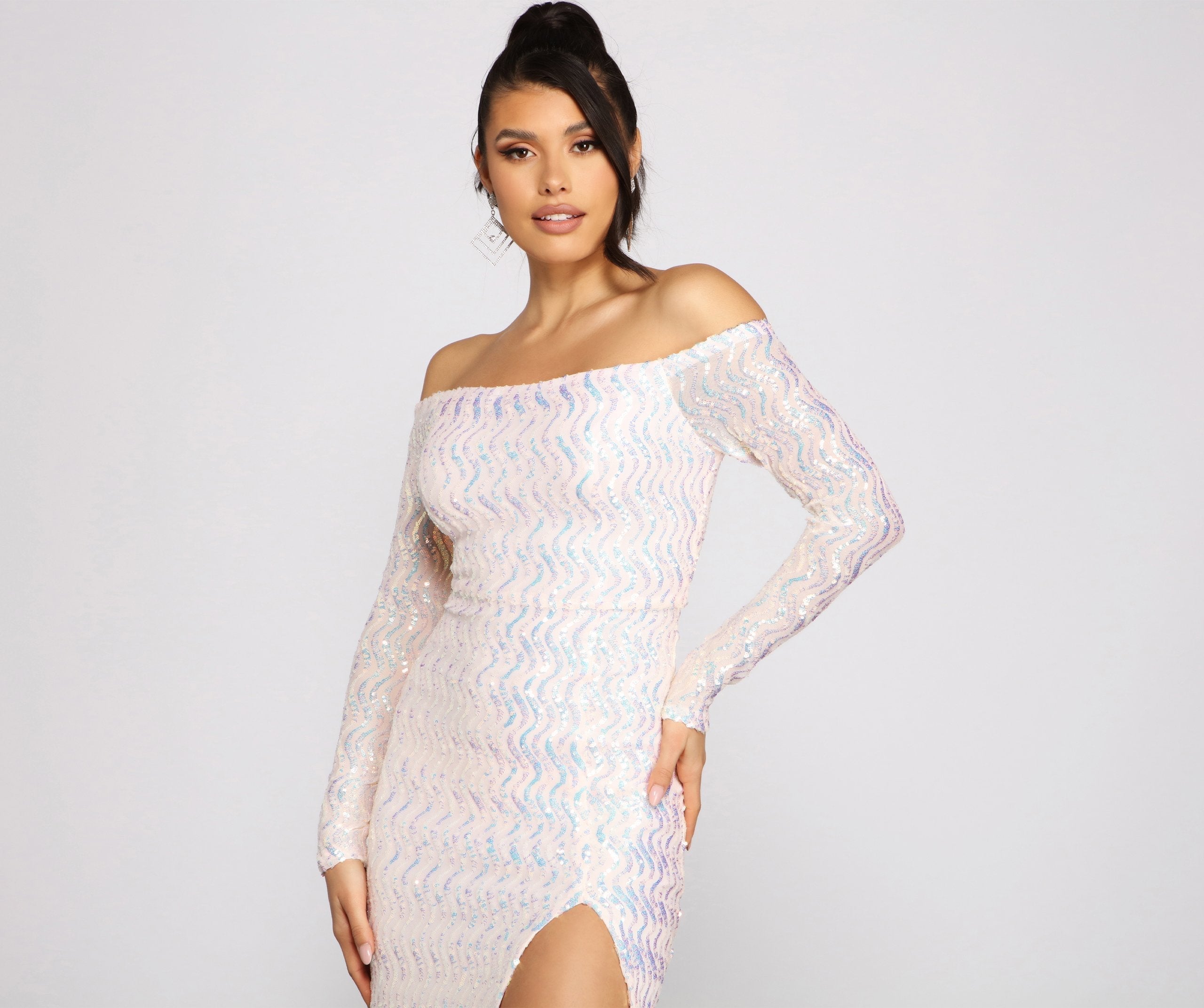 Gracie Formal Off The Shoulder Iridescent Sequin Dress