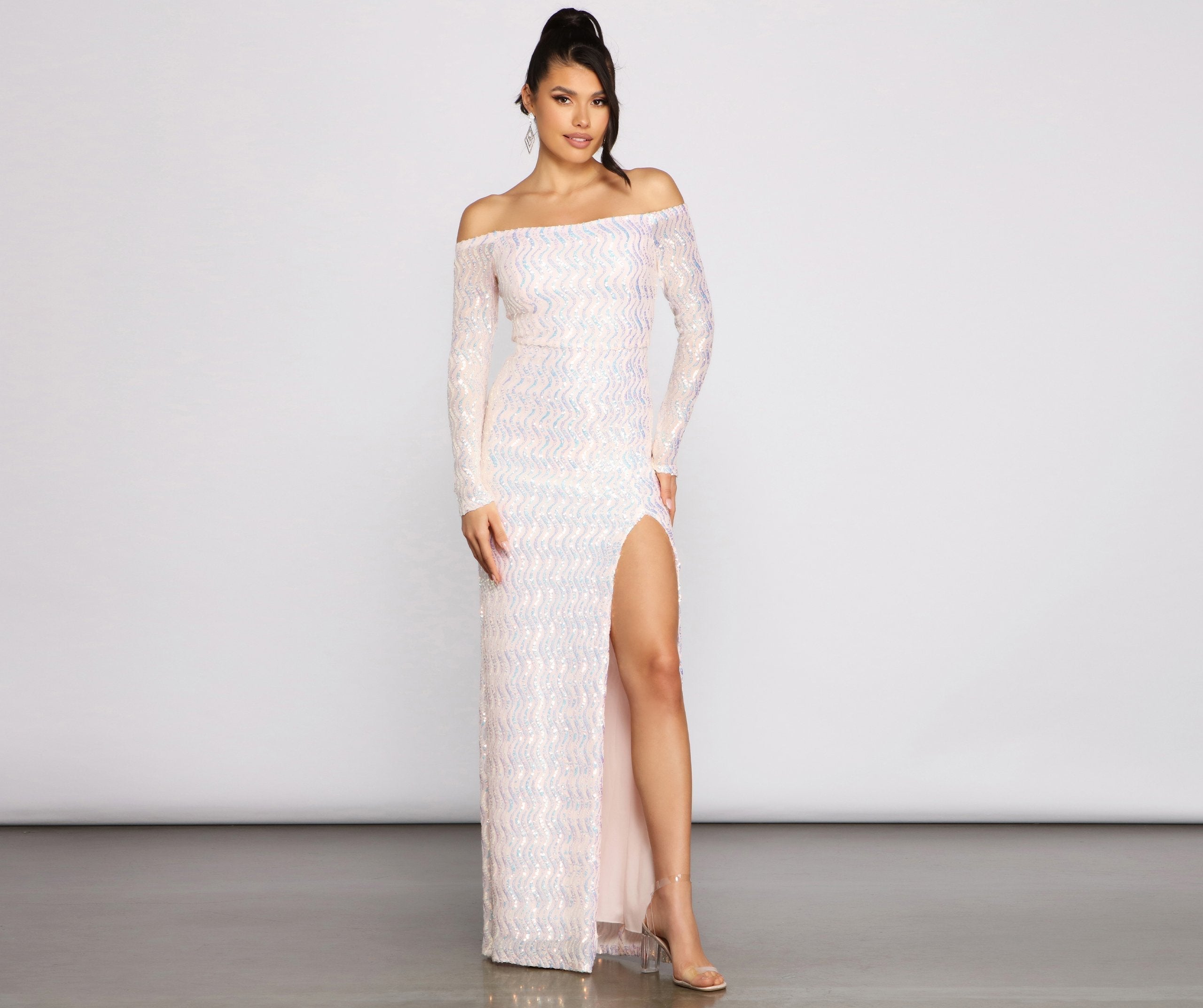 Gracie Formal Off The Shoulder Iridescent Sequin Dress