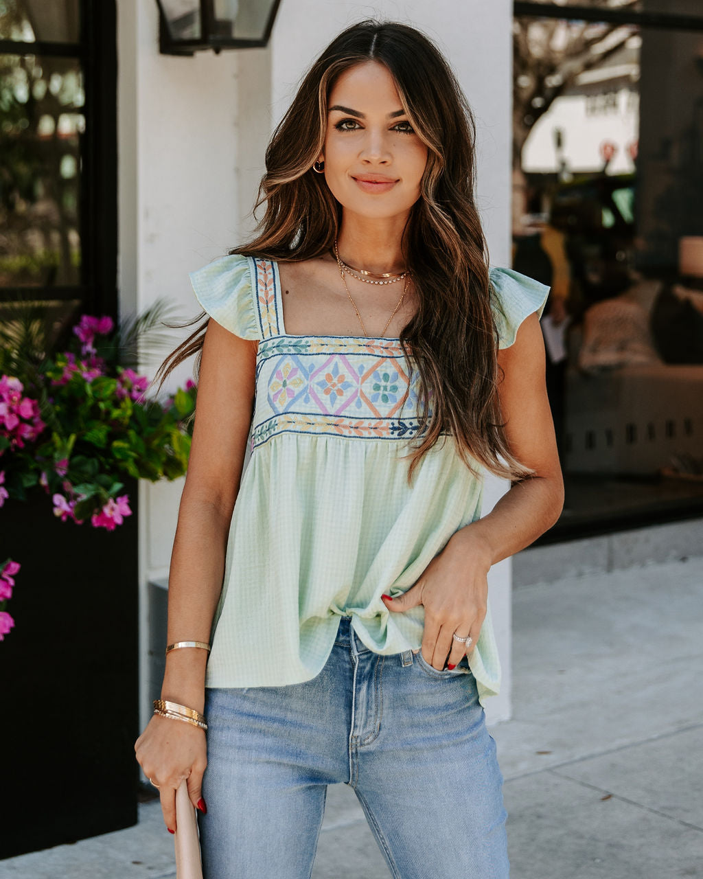 Granite Embroidered Babydoll Top - Mint