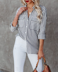 Greenport Cotton Blend Striped Button Down Top - Ink