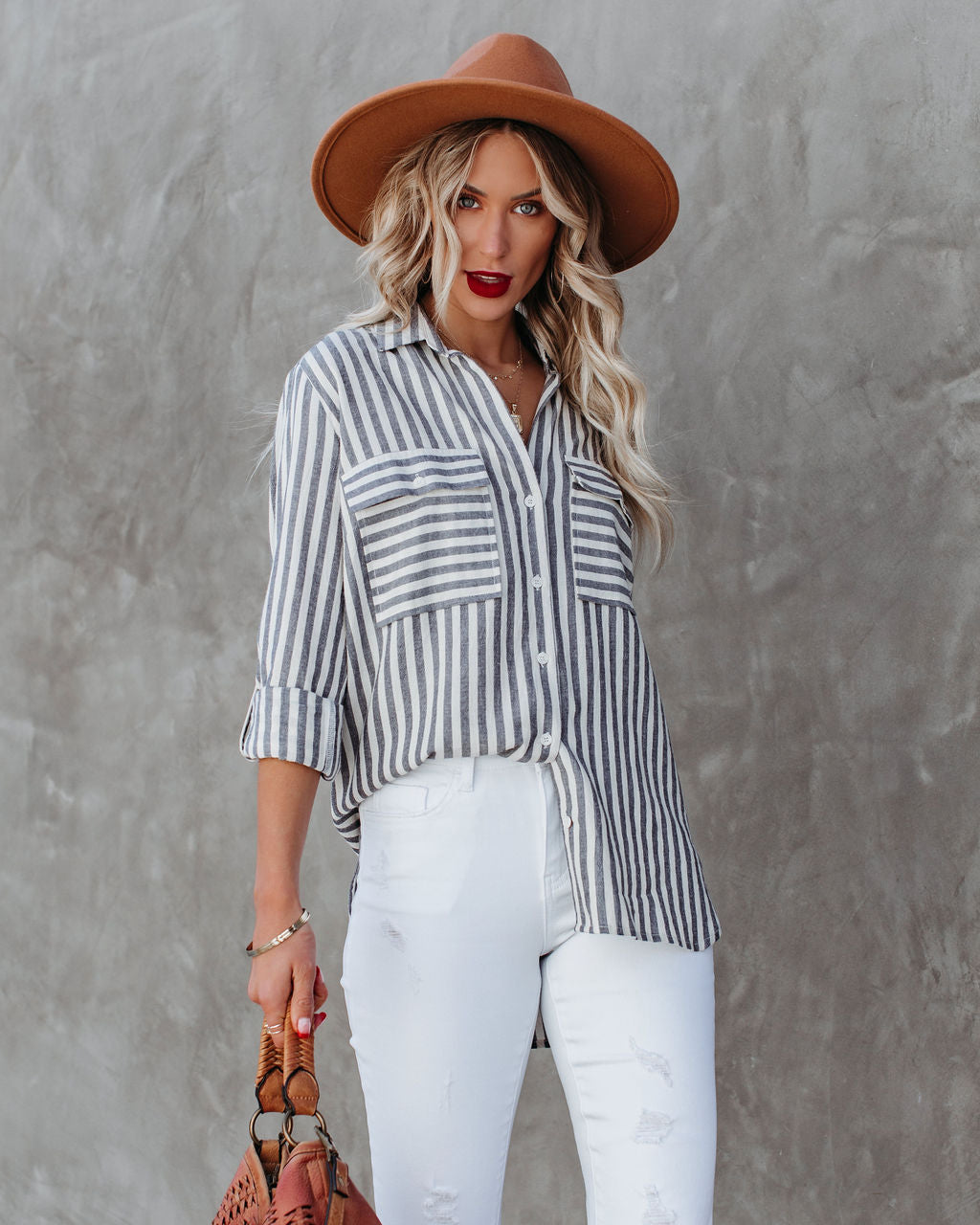 Greenport Cotton Blend Striped Button Down Top - Ink