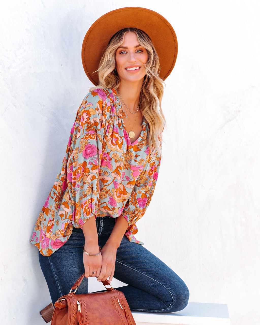 Greta Floral Peasant Top - Sage