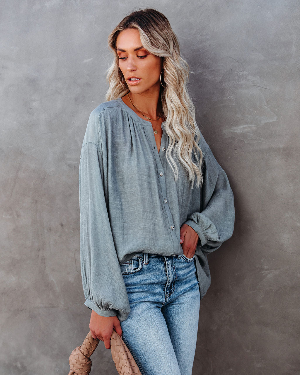 Hand In Hand Button Down Top - Sage Dust