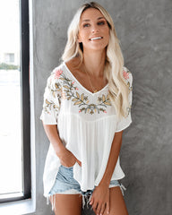 Harper Embroidered Babydoll Top - White