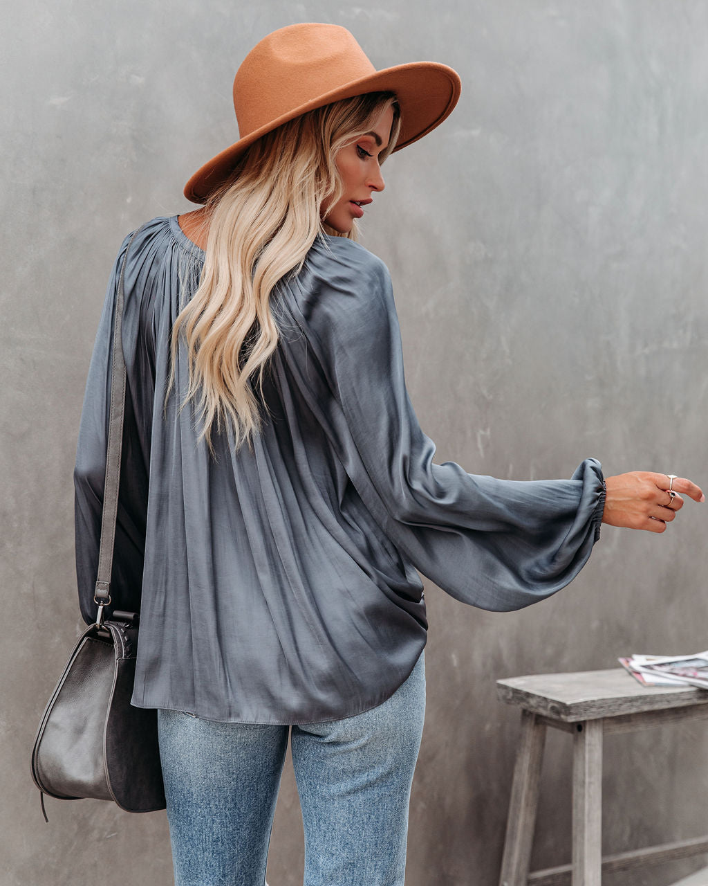 Harrow Satin Split Neck Blouse - Slate