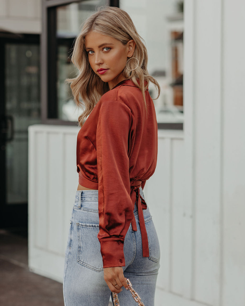 Hazely Satin Wrap Crop Blouse - Rust