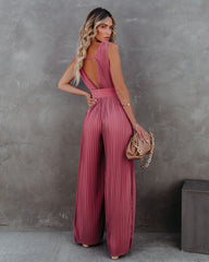 High Tea Pleated Wide Leg Belted Jumpsuit - Dark Rose