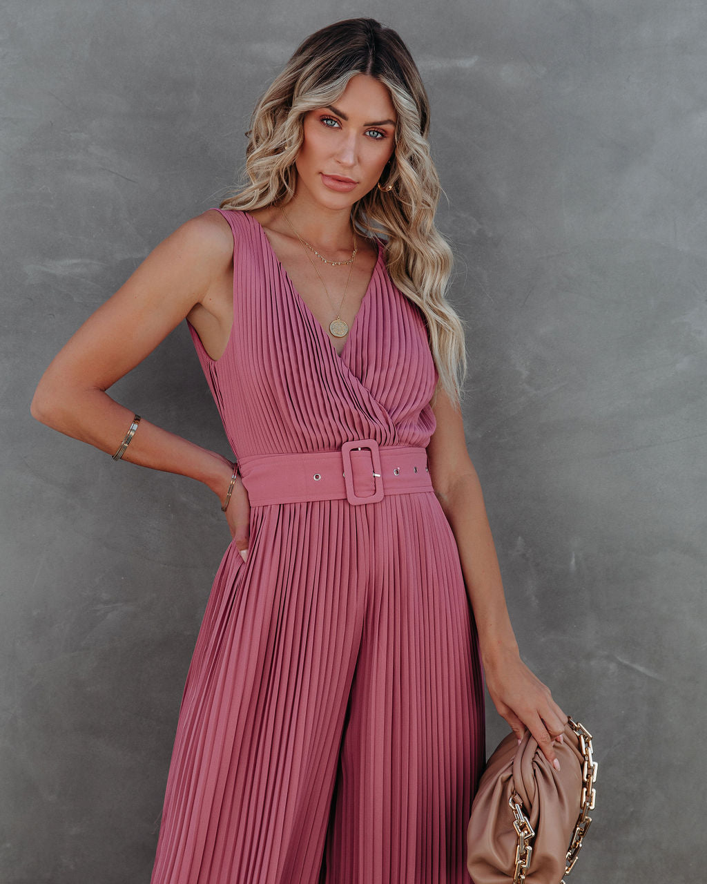 High Tea Pleated Wide Leg Belted Jumpsuit - Dark Rose