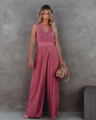 High Tea Pleated Wide Leg Belted Jumpsuit - Dark Rose