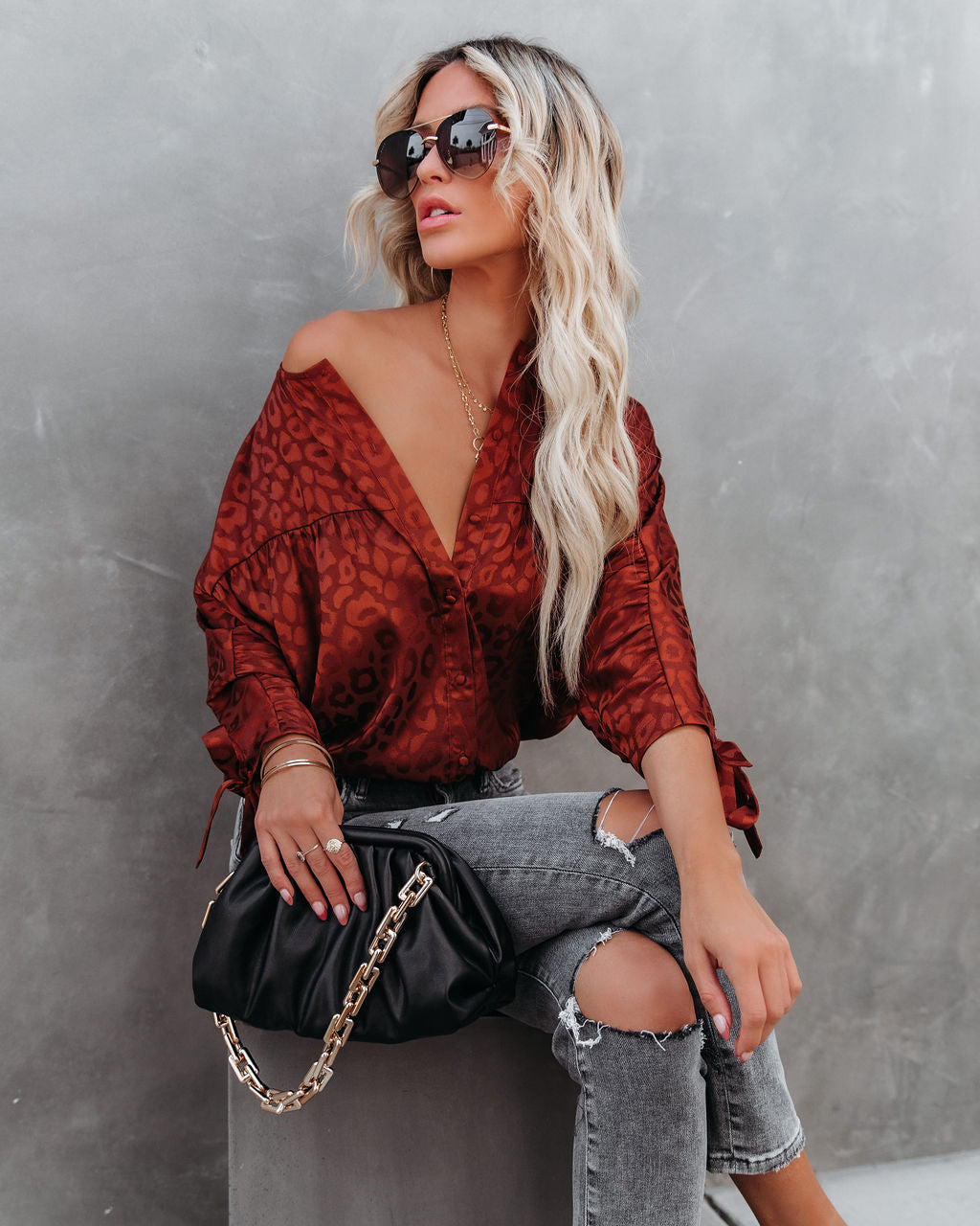 Hint Satin Leopard Embossed Dolman Blouse - Rust