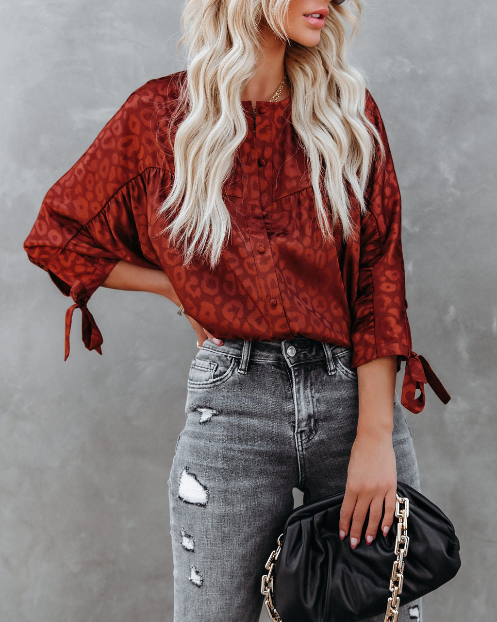 Hint Satin Leopard Embossed Dolman Blouse - Rust