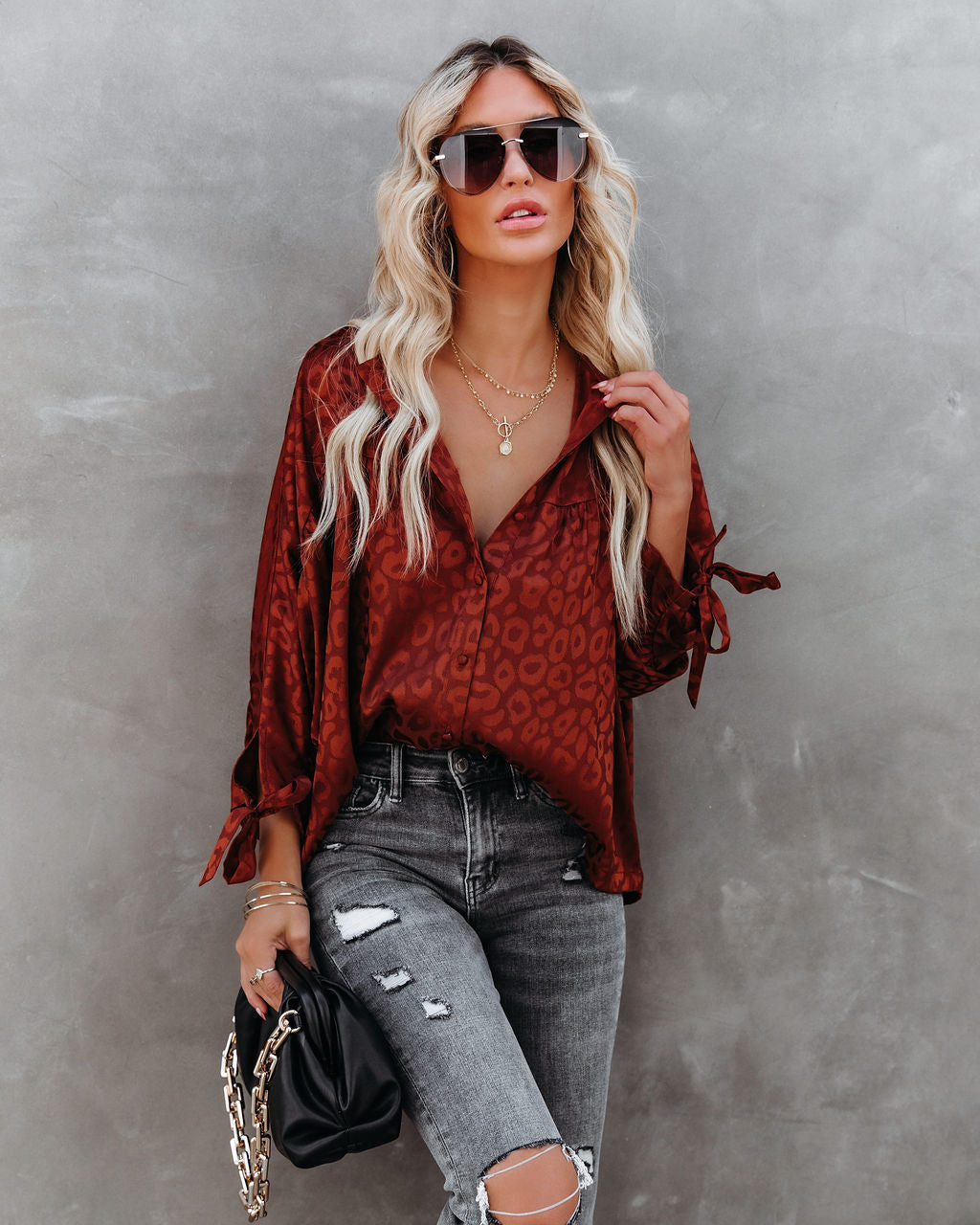 Hint Satin Leopard Embossed Dolman Blouse - Rust